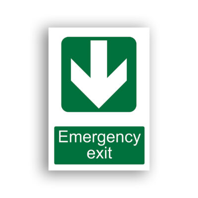 Emergency Exit Down Arrow safe condition sign safety sign with a white downward-pointing arrow centred on a green square with rounded corners.