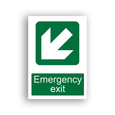 Emergency Exit Down Left safe condition sign safety sign with a white diagonal arrow pointing down and to the left, set within a green rounded square.