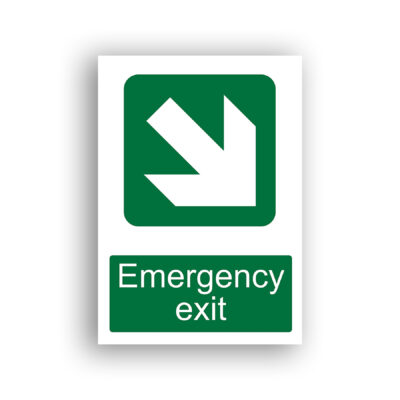 Emergency Exit Down Right safe condition sign safety sign with a white diagonal arrow pointing down-right on a green square-cornered background.