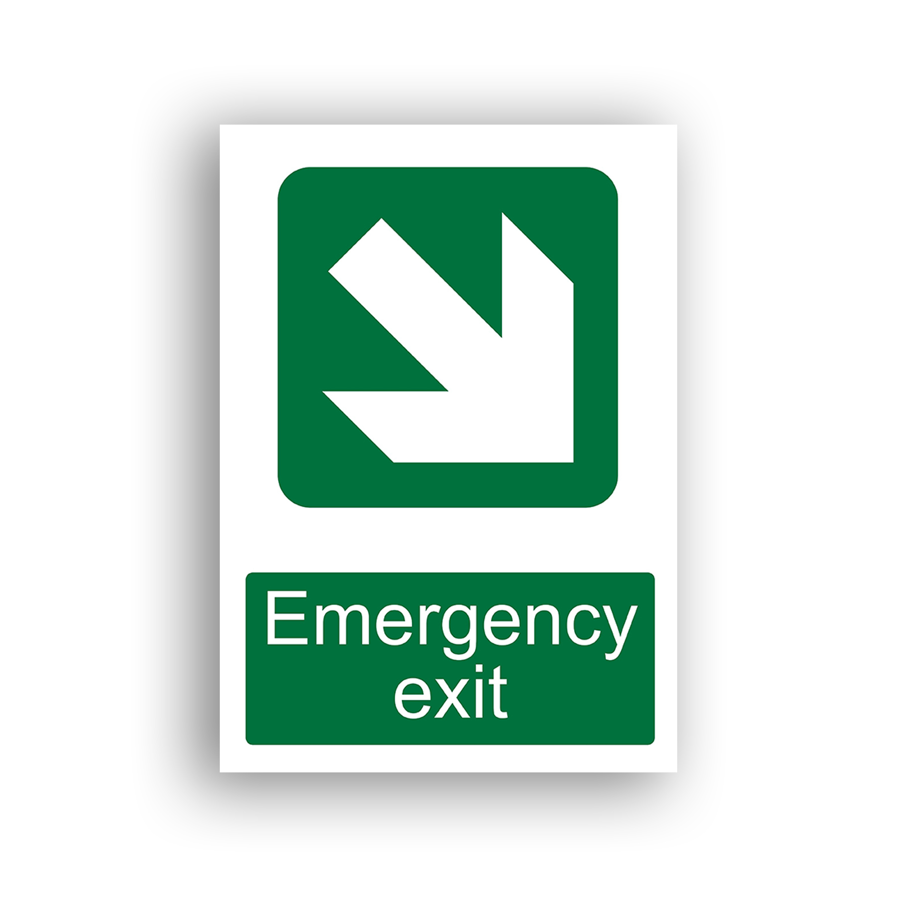 Emergency Exit Down Right safe condition sign safety sign with a white diagonal arrow pointing down-right on a green square-cornered background.