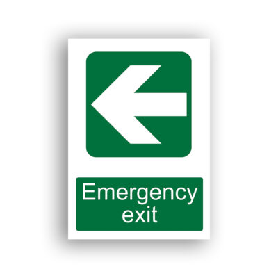 Emergency Exit Left Arrow safe condition sign safety sign with a white left-pointing arrow centred on a green rounded rectangle.