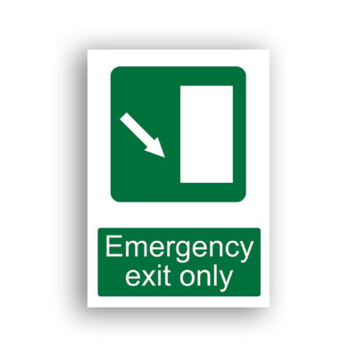 Emergency Exit Only — Down Left Arrow safe condition sign safety sign with a white rectangle representing a door on the right, with a diagonal arrow pointing down and to the left, indicating the direction of egress.