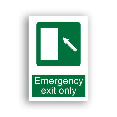Emergency Exit Only safe condition sign safety sign with a white rectangle representing a door on a green background, with a white diagonal arrow pointing up and to the left, indicating the direction of egress through the exit.
