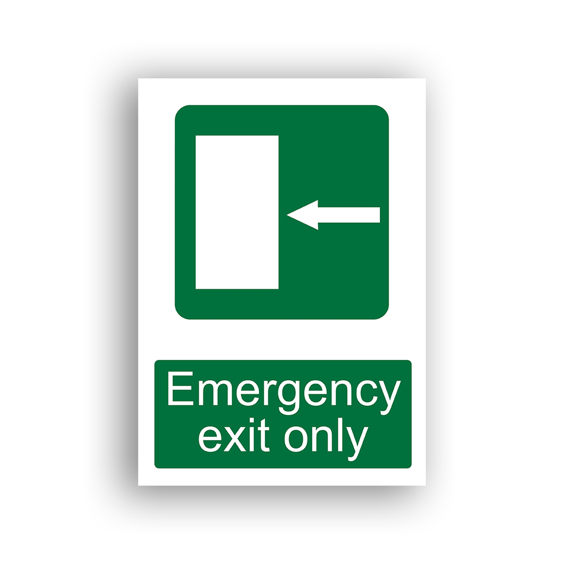 Emergency Exit Only safe condition sign safety sign with a white door rectangle on a green background with a white arrow pointing left, indicating the direction of egress through the door.