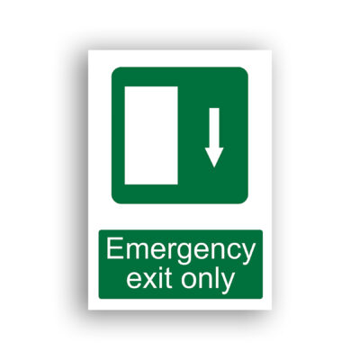 Emergency Exit Only safe condition sign safety sign with a white door with a downward-pointing arrow on a green rounded-rectangle background, indicating a door used solely for emergency egress.