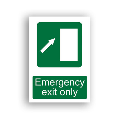Emergency Exit Only — Up Right Arrow safe condition sign safety sign with white open doorway rectangle with a diagonal arrow pointing upper-right, set on a green square background.