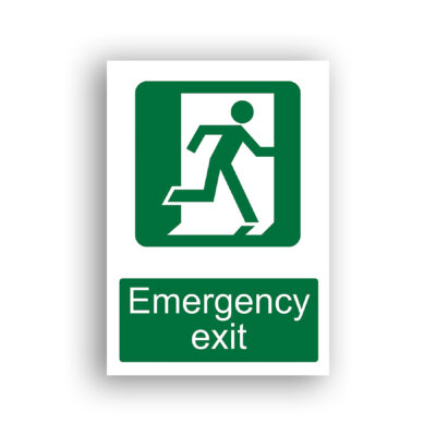 Emergency Exit safe condition sign safety sign with a white running figure moving towards an open doorway on a green background, indicating the direction of escape.