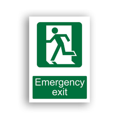 Emergency Exit safe condition sign safety sign with a running figure moving toward an open doorway, depicted in white on a green background within a rounded rectangle.