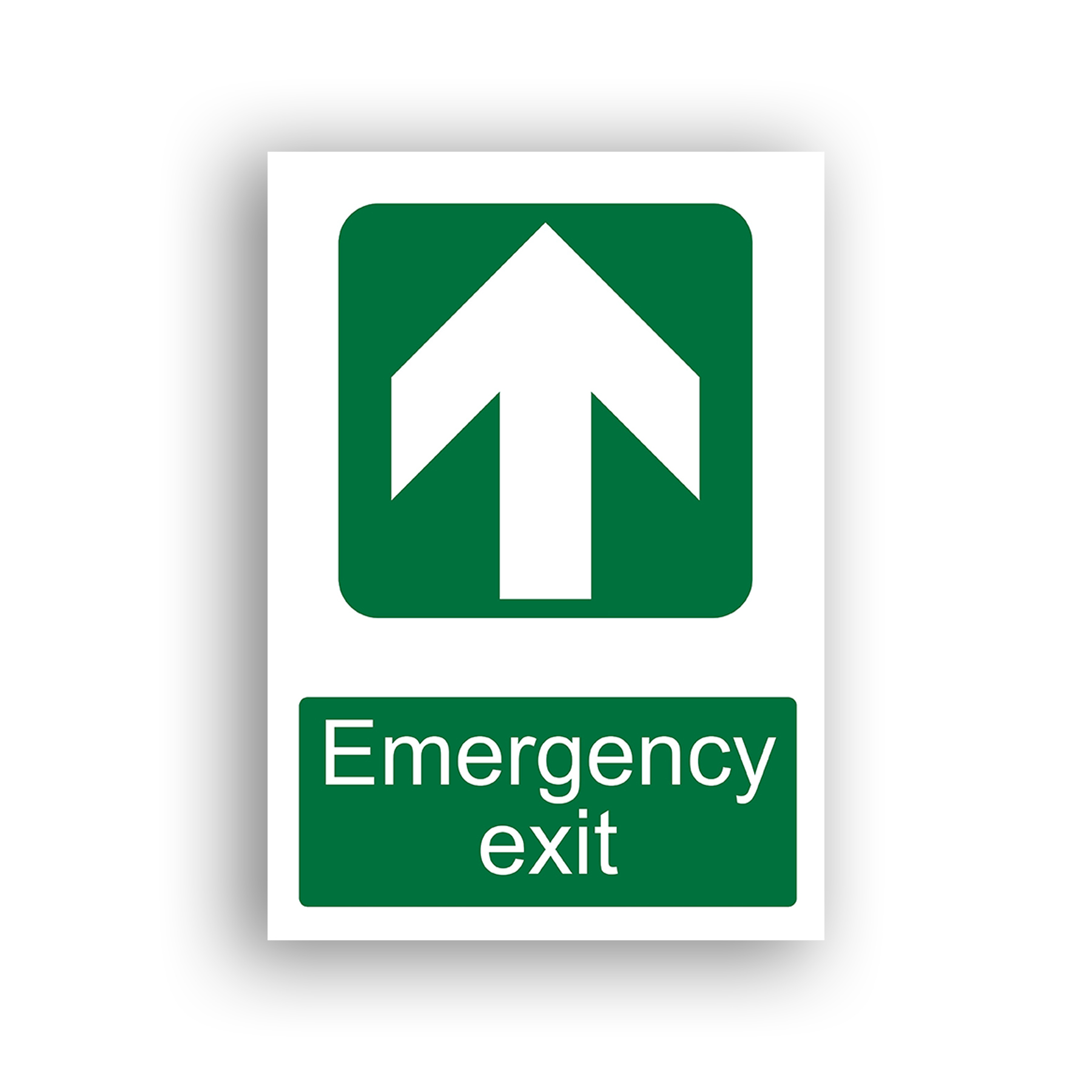 Emergency Exit Up Arrow safe condition sign safety sign with a white upward-pointing arrow centred on a green rounded square background.
