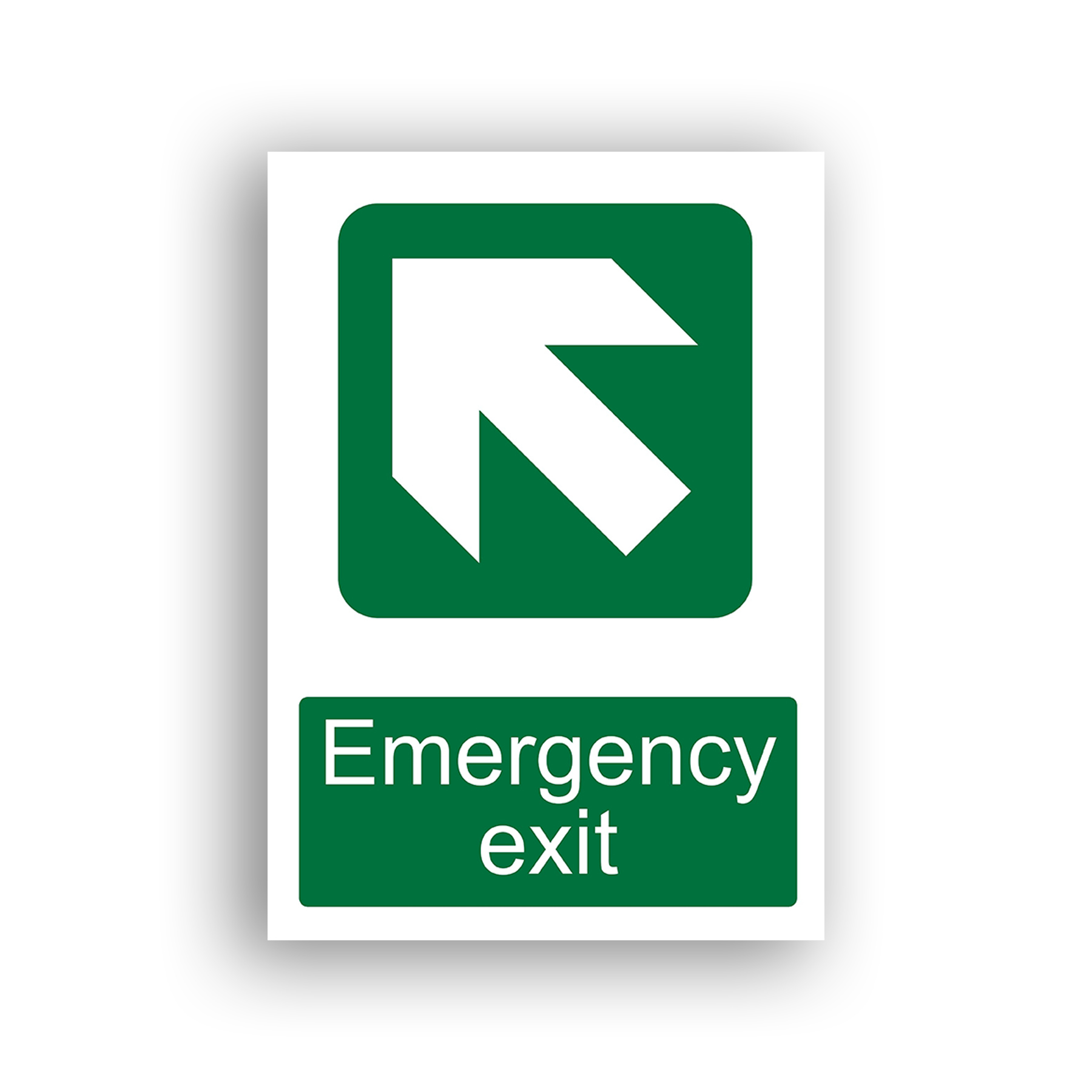 Emergency Exit Up Left Arrow safe condition sign safety sign with a white diagonal arrow pointing upper-left on a green rounded-square background.