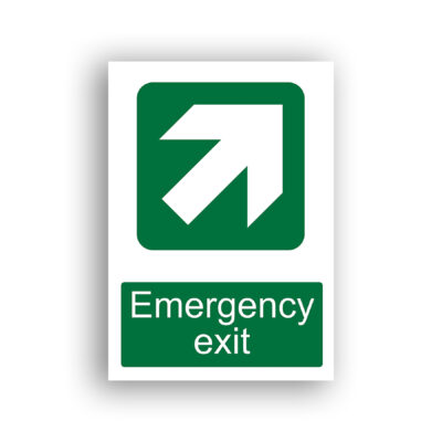 Emergency Exit Up Right Arrow safe condition sign safety sign with a white diagonal arrow pointing up and to the right, displayed on a green rounded square background.