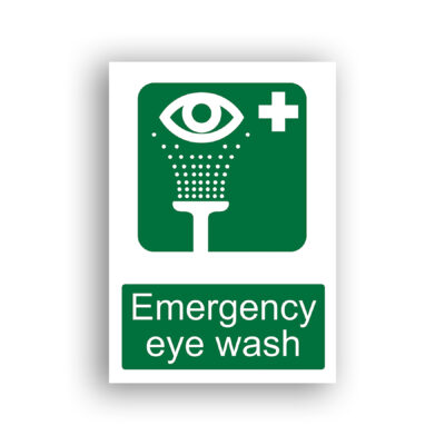 Emergency Eye Wash safe condition sign safety sign with a white eye above an upward-spraying eye wash fountain nozzle, with a medical cross in the upper right corner, all on a green background.