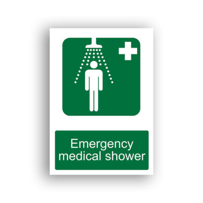Emergency Medical Shower safe condition sign safety sign with a white pictogram of a standing human figure beneath an overhead shower head with water spray indicated by dots, accompanied by a white first-aid cross in the upper right corner, on a green background.