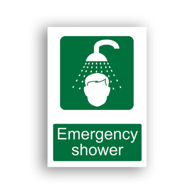 Emergency Shower safe condition sign safety sign with white silhouette of a human head beneath a shower head dispensing water droplets, on a green rounded-rectangle background.