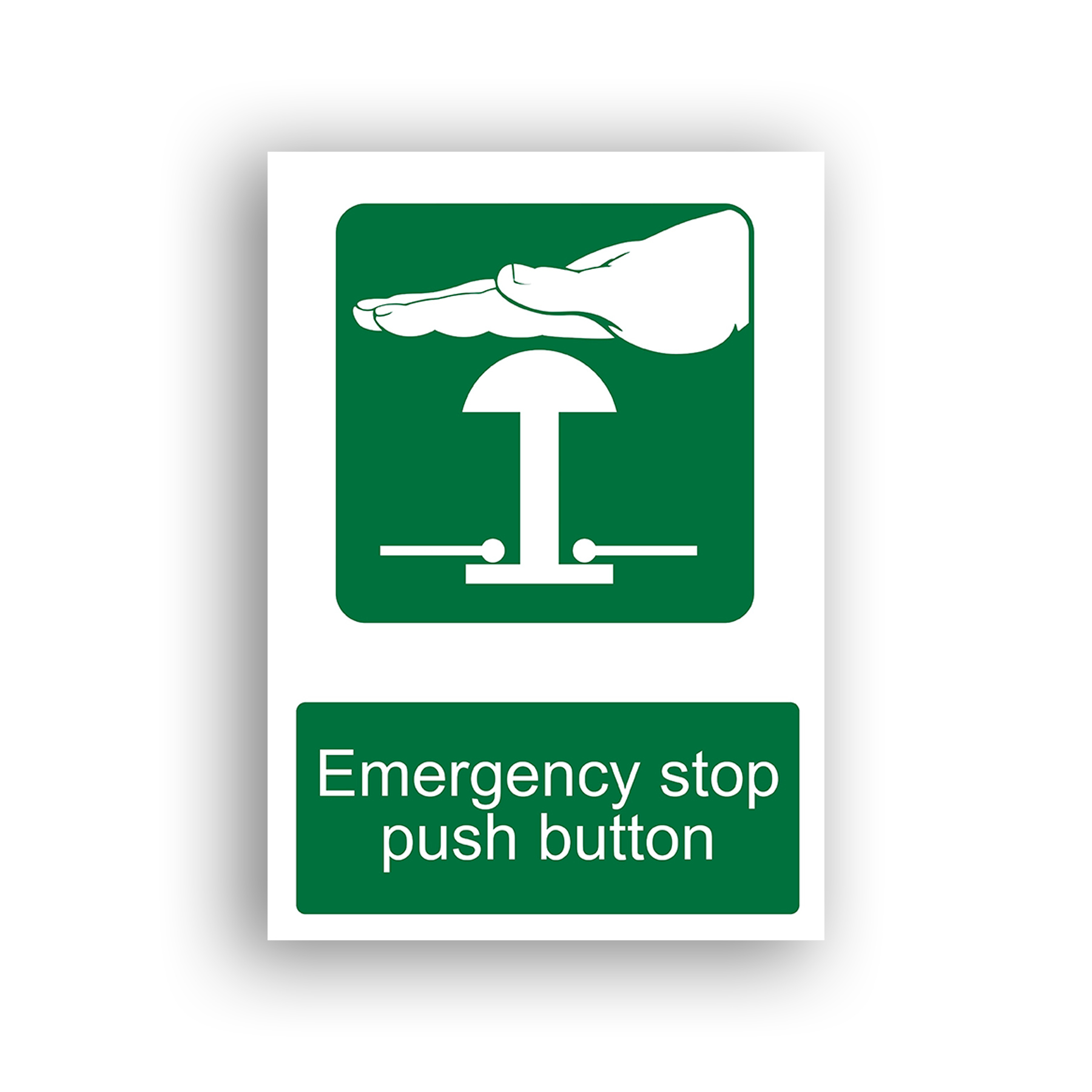 Emergency Stop Push Button safe condition sign safety sign with a hand pressing down on a mushroom-head push button mounted on a base plate with two terminal contacts.