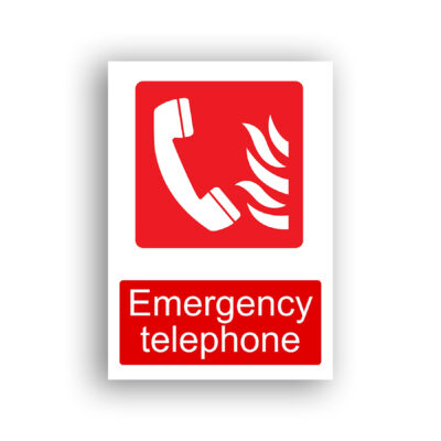 Emergency Telephone fire equipment sign safety sign with white telephone handset with sound-wave arcs to the right, on a red square background.