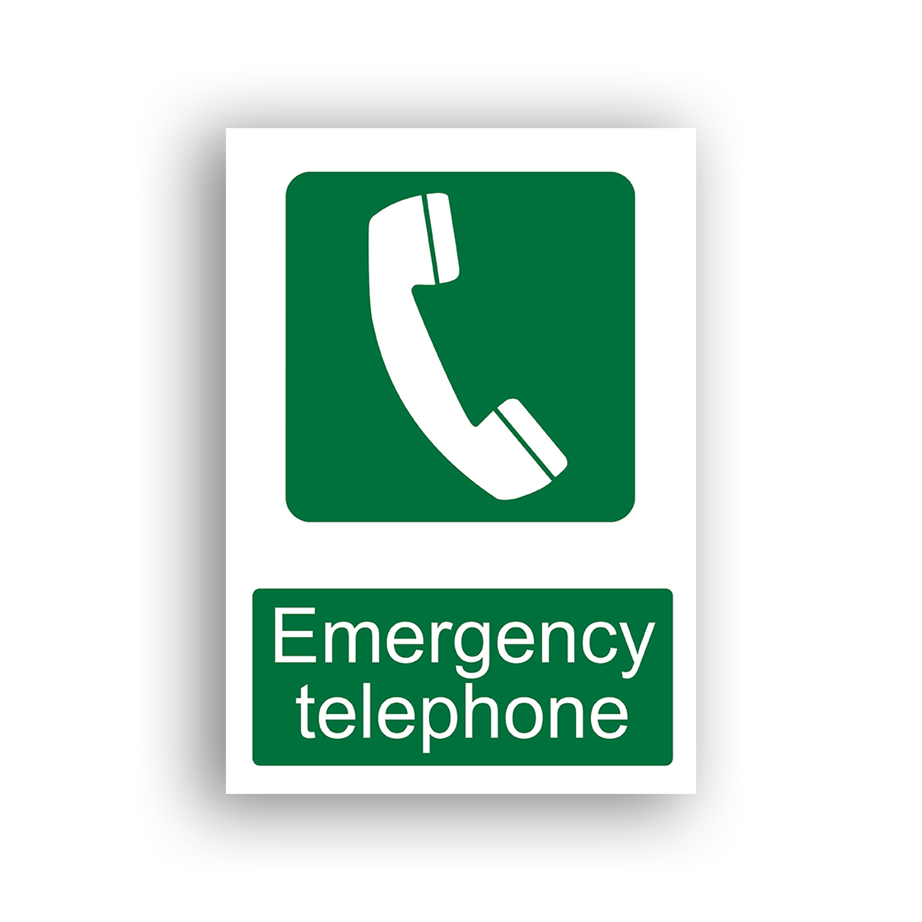 Emergency Telephone safe condition sign safety sign with white telephone handset icon centred on a green rounded square background.