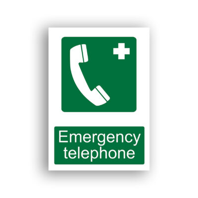 Emergency Telephone safe condition sign safety sign with white telephone handset pictogram on a green background, with a white medical cross symbol in the upper right corner.