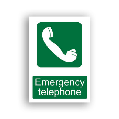 Emergency Telephone safe condition sign safety sign with white telephone handset pictogram centred on a green rounded-square background.