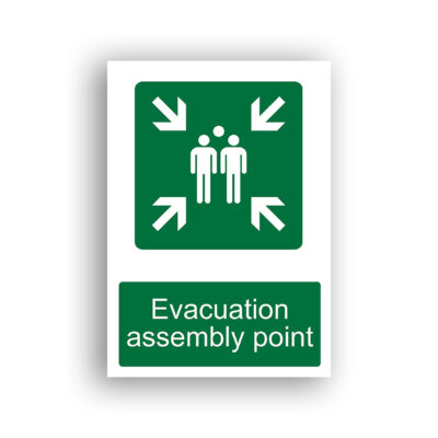 Evacuation Assembly Point safe condition sign safety sign with three white human figures grouped at centre, surrounded by four diagonal arrows pointing inward from each corner, on a green background.
