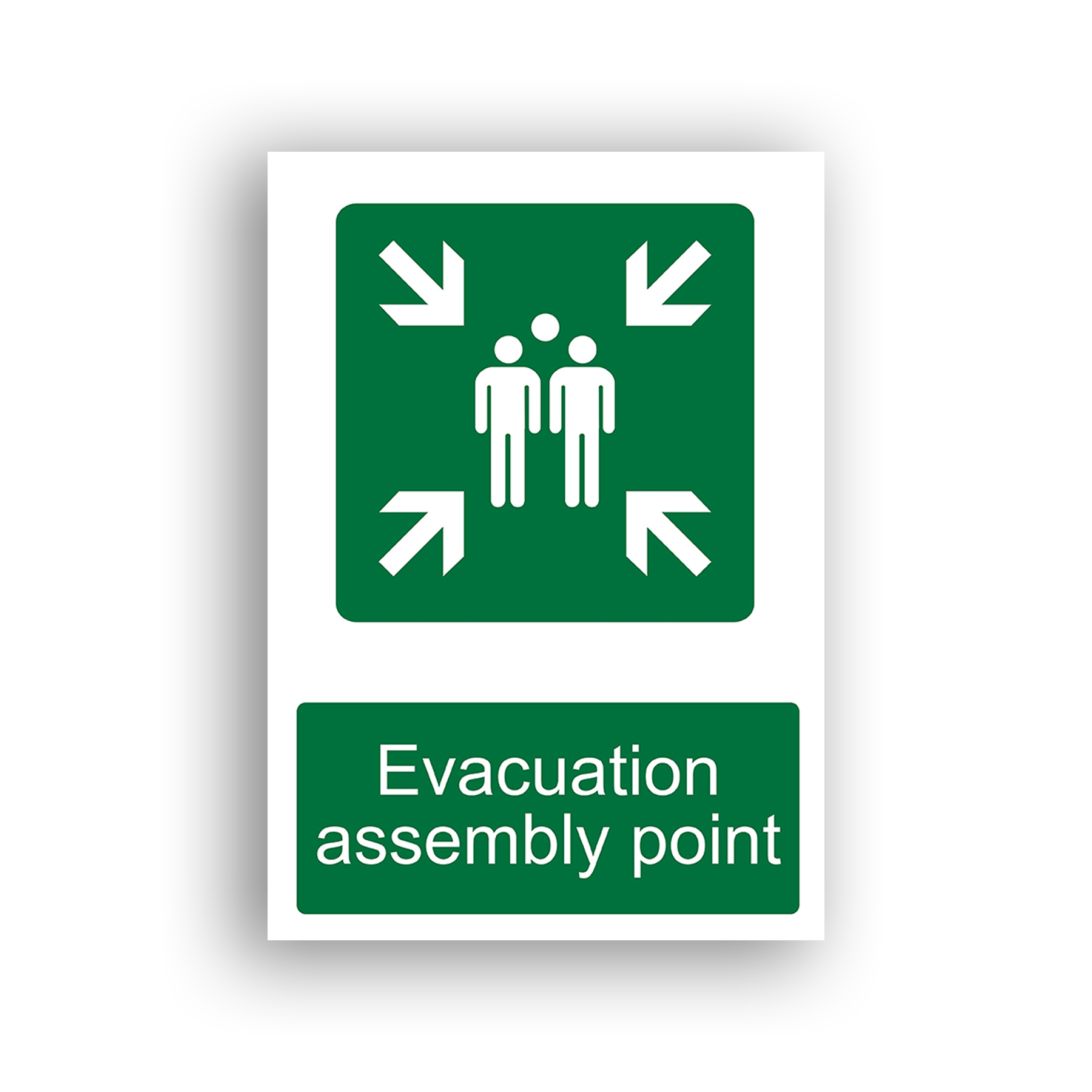 Evacuation Assembly Point safe condition sign safety sign with three white human figures grouped at centre, surrounded by four diagonal arrows pointing inward from each corner, on a green background.
