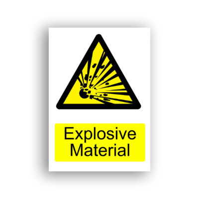 Explosive Material warning sign safety sign with a black explosion burst with radiating blast lines and flying fragments, centred within a yellow triangle with a black border.