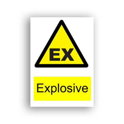 Explosive warning sign safety sign with black letters 'EX' centred inside a yellow equilateral warning triangle with a black border, denoting an explosive atmosphere or substance hazard.