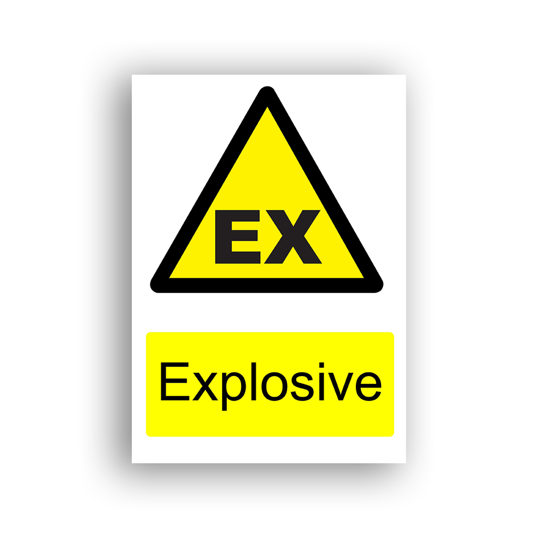 Explosive warning sign safety sign with black letters 'EX' centred inside a yellow equilateral warning triangle with a black border, denoting an explosive atmosphere or substance hazard.