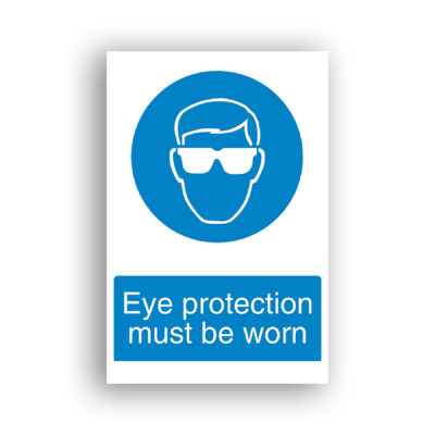 Eye Protection Must Be Worn mandatory sign safety sign with white outline of a human head wearing safety spectacles/goggles, centred on a solid blue circle.