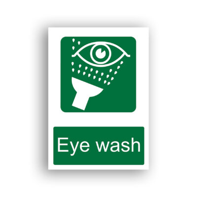 Eye Wash safe condition sign safety sign with a white pictogram of an open eye with water droplets spraying upward from a hand-held eye wash bottle beneath it, on a green background.