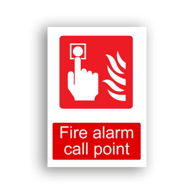 Fire Alarm Call Point fire equipment sign safety sign with a white hand with index finger pressing a button on a manual call point unit, alongside a stylised flame symbol, all on a red background.