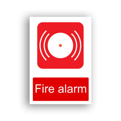 Fire Alarm fire equipment sign safety sign with a white bell or sounder disc with radiating sound-wave lines on each side, centred on a red rounded-square background.