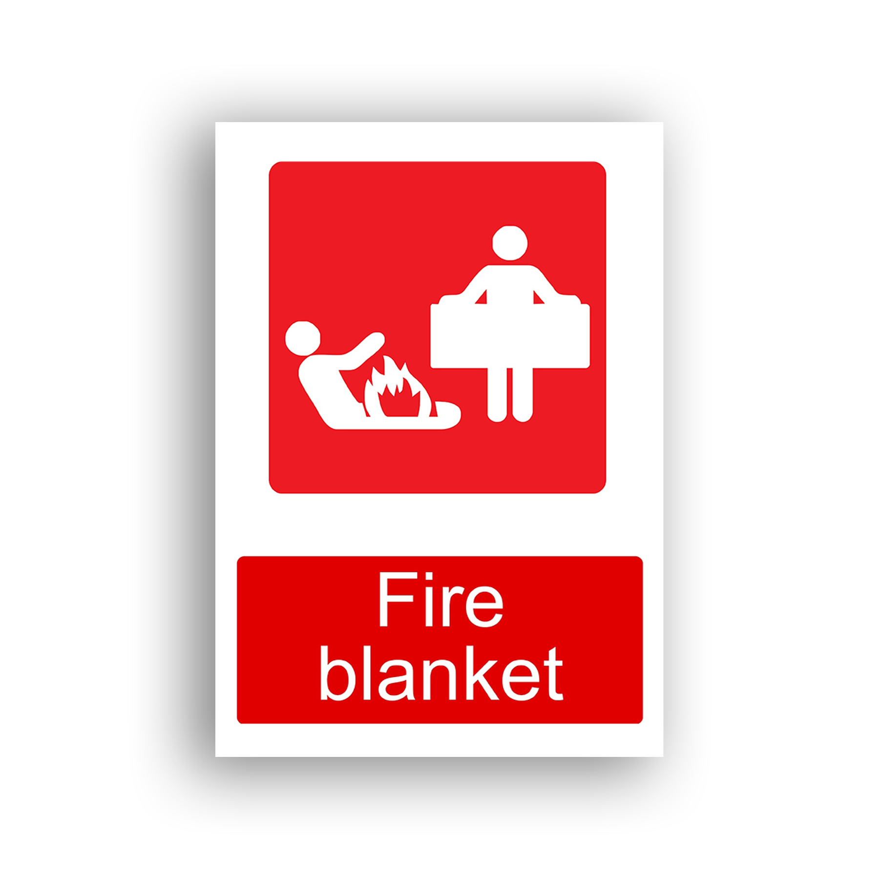 Fire Blanket fire equipment sign safety sign with a standing figure holding an unfolded blanket approaches a person on the ground whose lower body is on fire.