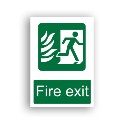Fire Exit safe condition sign safety sign with a running figure moving toward an open doorway, with stylised flames to the left, rendered in white on a green background.