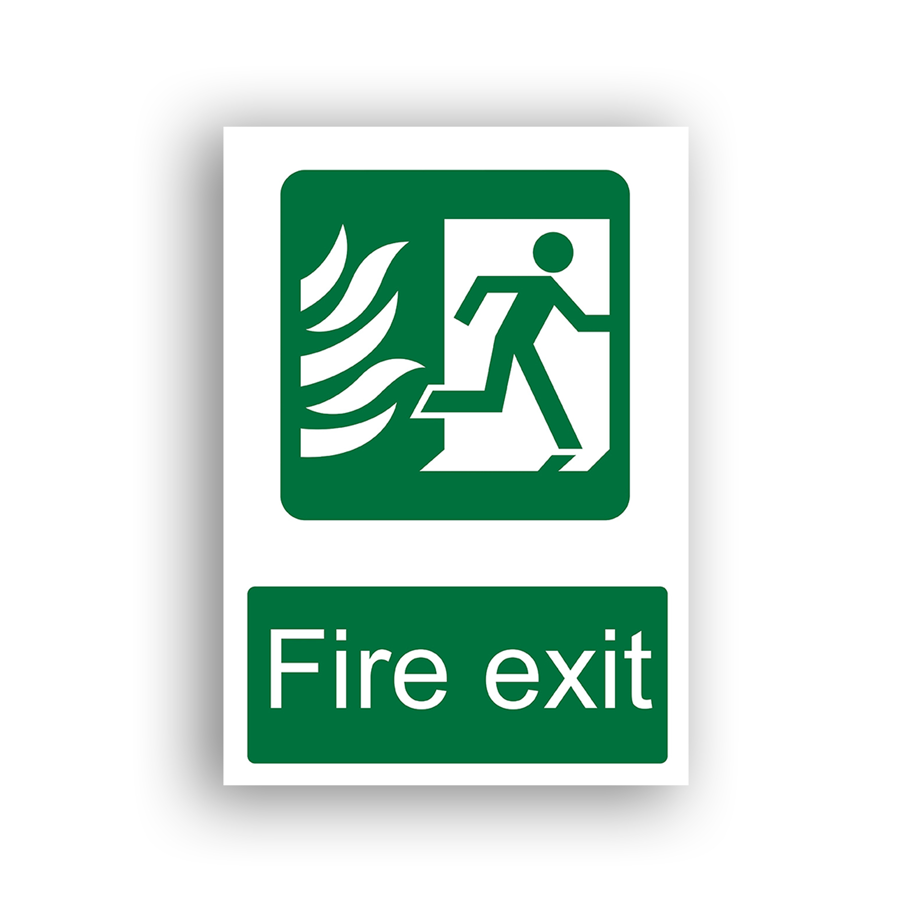 Fire Exit safe condition sign safety sign with a running figure moving toward an open doorway, with stylised flames to the left, rendered in white on a green background.