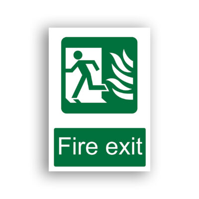 Fire Exit safe condition sign safety sign with a white running figure exiting through a doorway to the left, accompanied by a white flame symbol to the right, all on a green background.