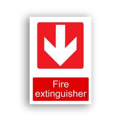 Fire Extinguisher Down Arrow fire equipment sign safety sign with a white downward-pointing arrow centred on a red rounded square, indicating the location of equipment directly below.