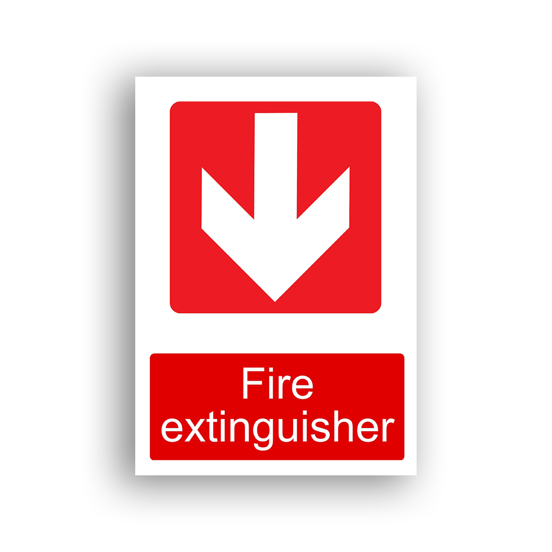 Fire Extinguisher Down Arrow fire equipment sign safety sign with a white downward-pointing arrow centred on a red rounded square, indicating the location of equipment directly below.