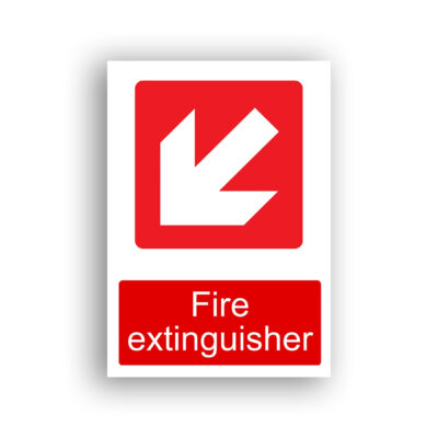 Fire Extinguisher Down Left Arrow fire equipment sign safety sign with a white diagonal arrow pointing down and to the left, indicating the direction to the nearest fire extinguisher.