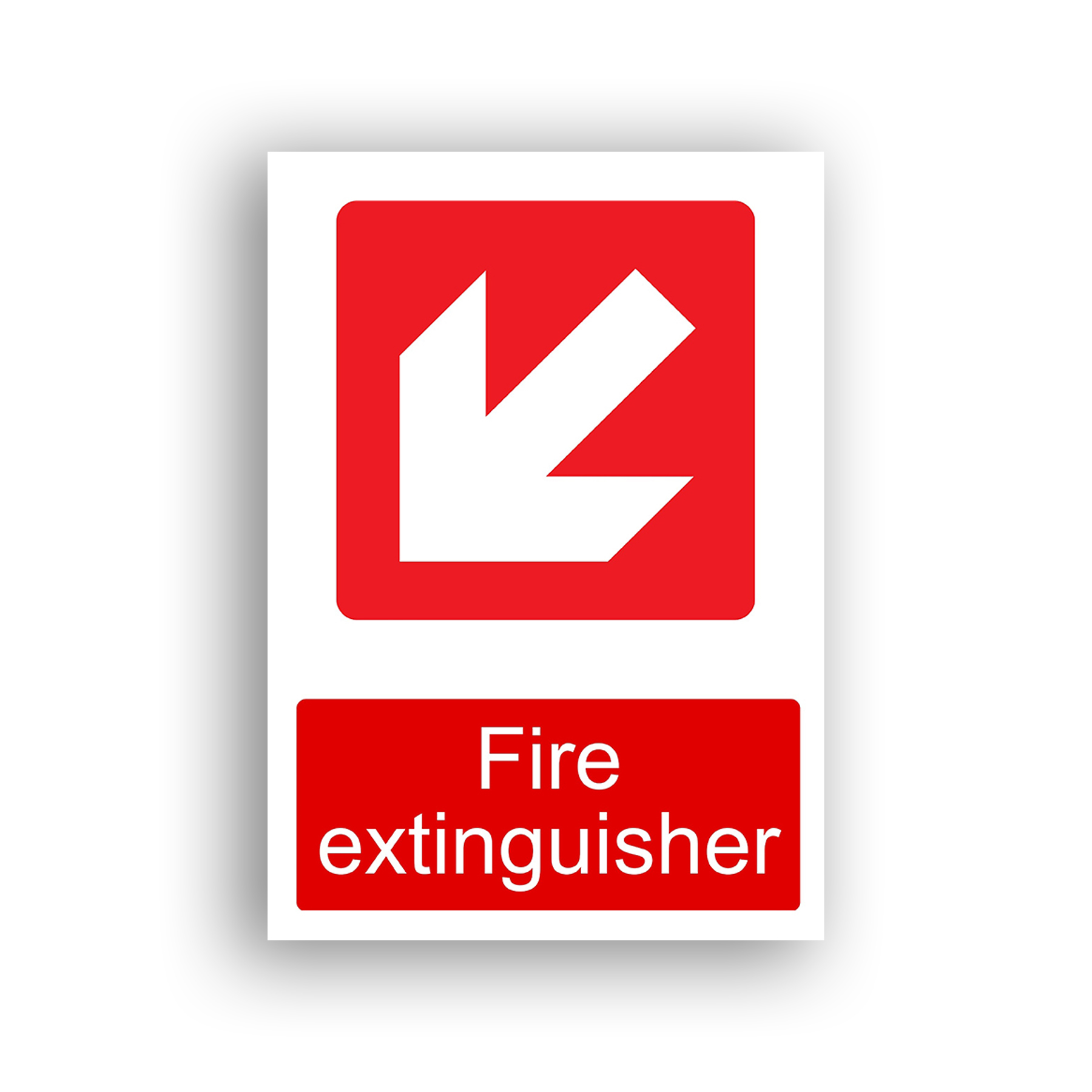 Fire Extinguisher Down Left Arrow fire equipment sign safety sign with a white diagonal arrow pointing down and to the left, indicating the direction to the nearest fire extinguisher.