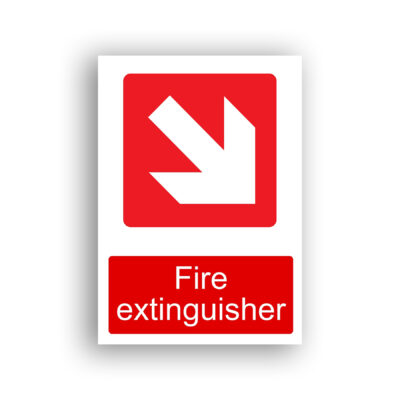 Fire Extinguisher — Down Right Arrow fire equipment sign safety sign with a white diagonal arrow pointing down-right on a red square background, indicating the direction to the nearest fire extinguisher.