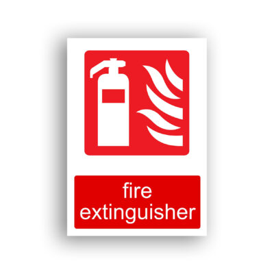 Fire Extinguisher fire equipment sign safety sign with white silhouette of a portable fire extinguisher alongside stylised white flames on a red background.