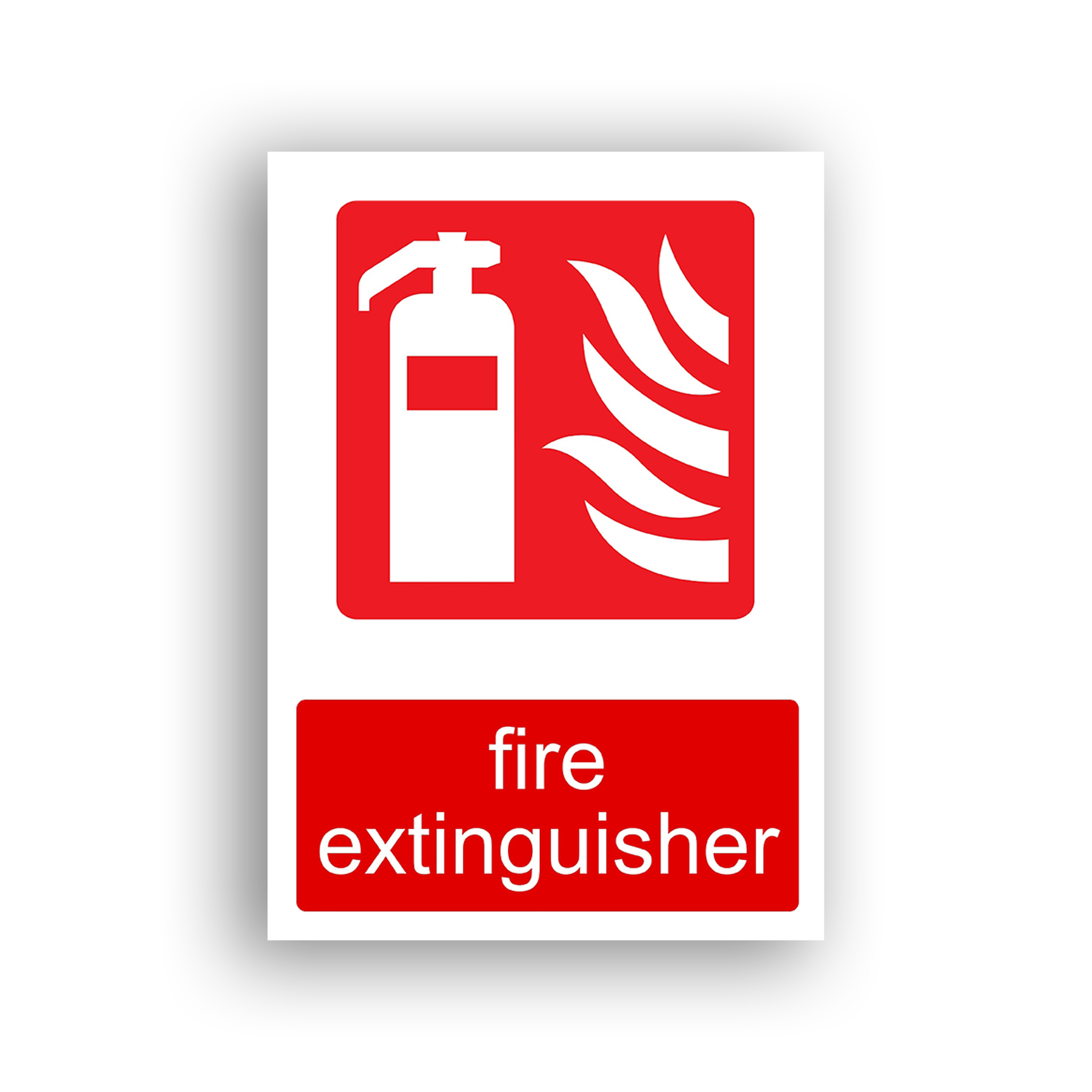 Fire Extinguisher fire equipment sign safety sign with white silhouette of a portable fire extinguisher alongside stylised white flames on a red background.