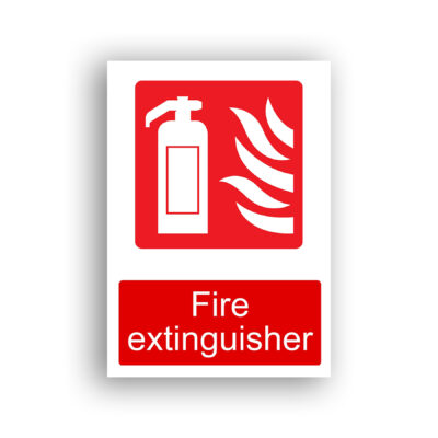 Fire Extinguisher fire equipment sign safety sign with a white fire extinguisher pictogram alongside a stylised white flame symbol, set against a red background.
