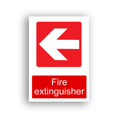 Fire Extinguisher Left Arrow fire equipment sign safety sign with a white left-pointing arrow centred on a red rounded-corner rectangle.