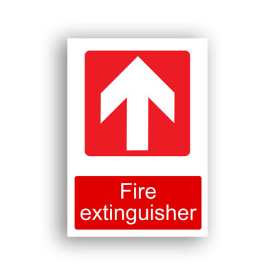 Fire Extinguisher – Up Arrow fire equipment sign safety sign with a bold white upward-pointing arrow centred on a red rounded square, indicating the direction of travel to reach the nearest fire extinguisher.