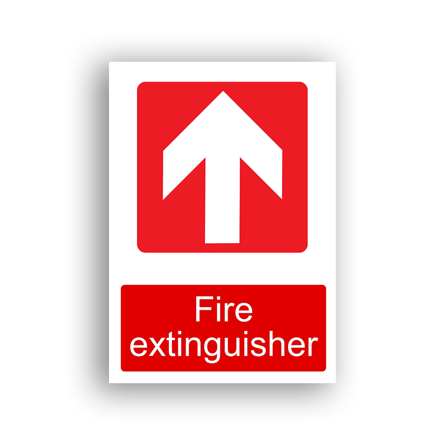 Fire Extinguisher – Up Arrow fire equipment sign safety sign with a bold white upward-pointing arrow centred on a red rounded square, indicating the direction of travel to reach the nearest fire extinguisher.