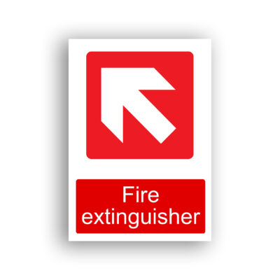 Fire Extinguisher – Up Left Arrow fire equipment sign safety sign with a white diagonal arrow pointing upper-left, displayed on a red square background.