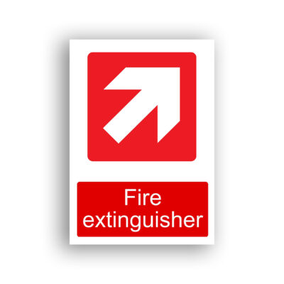 Fire Extinguisher Up Right Arrow fire equipment sign safety sign with a white diagonal arrow pointing upper-right, set against a red rounded-square background.