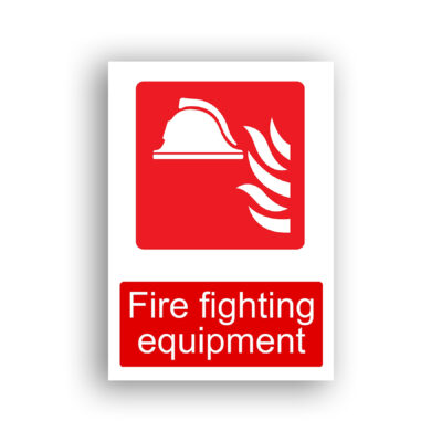 Fire Fighting Equipment fire equipment sign safety sign with a white firefighter's helmet with flame or smoke waves to the right, on a red square background.